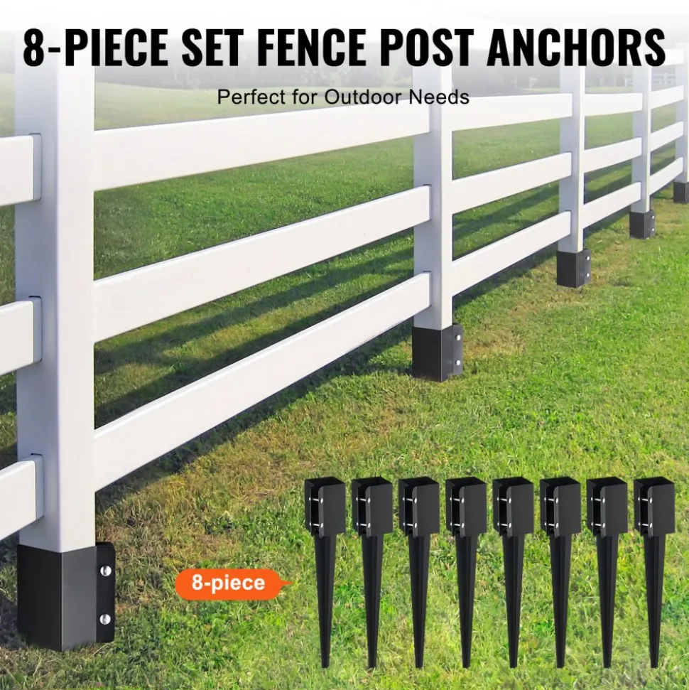 VEVOR Fence Post Anchor Ground Spike, 8 Pack 24 x 4 x 4 Inches Outer Diameter (Inner Diameter 3.5 x3.5 Inches), Metal Black Powder Coated Post Stake Ground, for Mailbox Deck Garden Railing