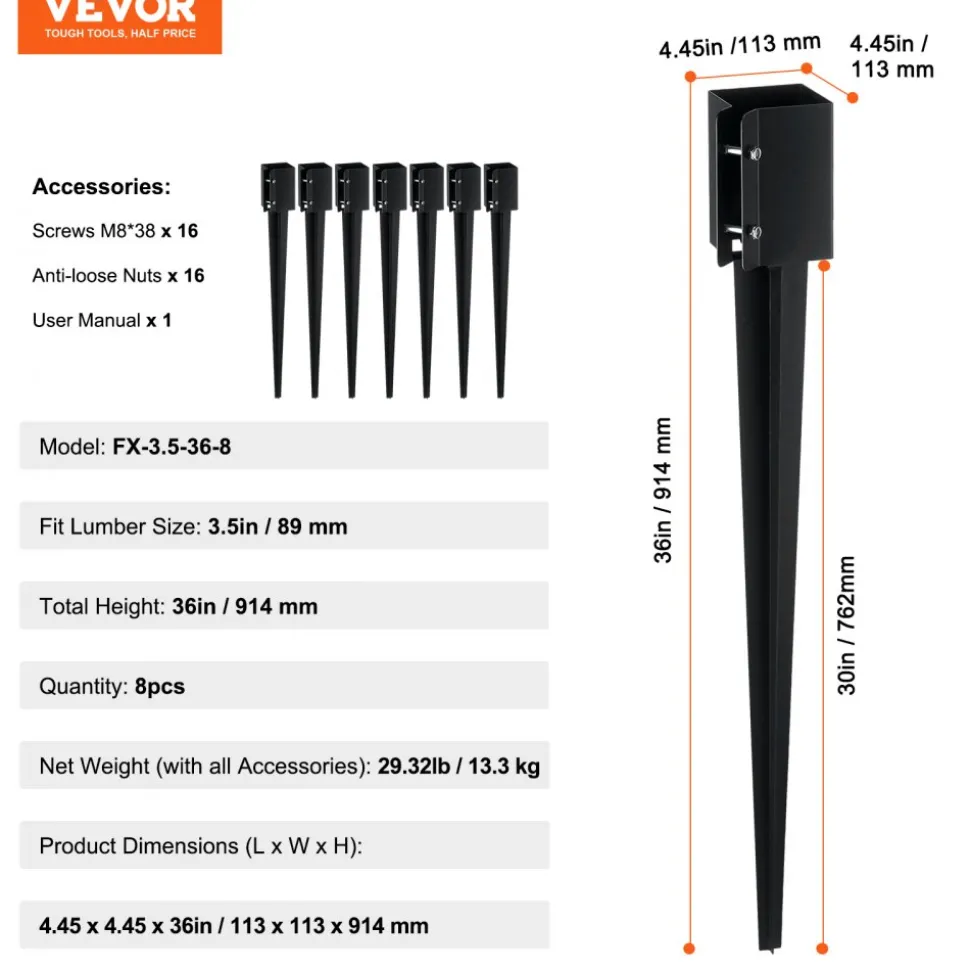 VEVOR Fence Post Anchor Ground Spike, 8 Pack 36 x 4 x 4 Inches Outer Diameter (Inner Diameter 3.5 x3.5 Inches), Metal Black Powder Coated Post Stake Ground, for Mailbox Deck Garden Railing