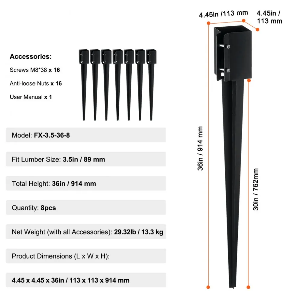 VEVOR Fence Post Anchor Ground Spike, 8 Pack 36 x 4 x 4 Inches Outer Diameter (Inner Diameter 3.5 x3.5 Inches), Metal Black Powder Coated Post Stake Ground, for Mailbox Deck Garden Railing