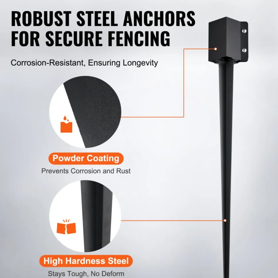 VEVOR Fence Post Anchor Ground Spike, 8 Pack 36 x 4 x 4 Inches Outer Diameter (Inner Diameter 3.5 x3.5 Inches), Metal Black Powder Coated Post Stake Ground, for Mailbox Deck Garden Railing