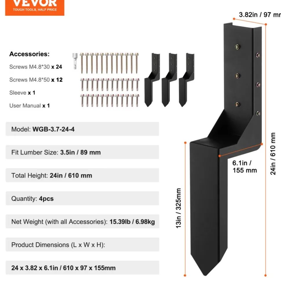 VEVOR Fence Post Anchor Repair Kit, 4 Pack Inner Diameter 3.5 x3.5 Inches Heavy Duty Steel Fence Post Support Stakes, Anchor Ground Spike for Repair Tilted, Broken Wood Fence Post, Enveloping