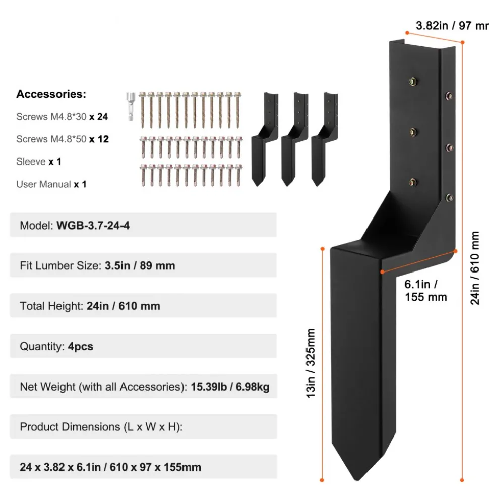 VEVOR Fence Post Anchor Repair Kit, 4 Pack Inner Diameter 3.5 x3.5 Inches Heavy Duty Steel Fence Post Support Stakes, Anchor Ground Spike for Repair Tilted, Broken Wood Fence Post, Enveloping