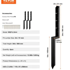 VEVOR Fence Post Anchor Repair Kit, 4 Pack Inner Diameter 2 x2 Inches Heavy Duty Steel Fence Post Support Stakes, Anchor Ground Spike for Repair Tilted, Broken Wood Fence Post