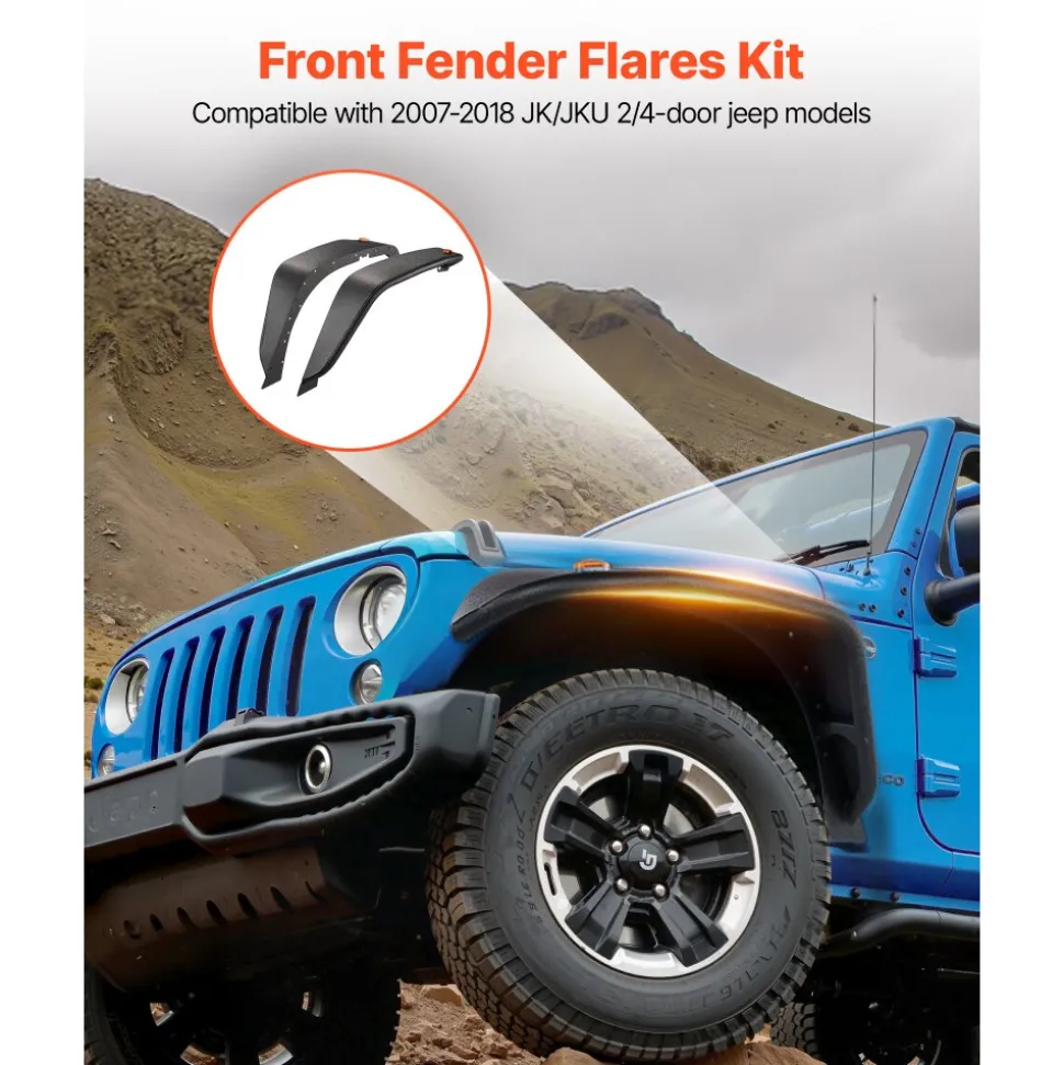 VEVOR Fender Flare, Front Fender Flares Compatible with 2007-2018 Jeep JK/JKU 2/4 Doors, Off-Road Steel Liner Set with LED Lighting, Fenders for Jeep JK, Fine-Textured Black Paintable Wheel Flares Set
