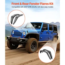 VEVOR Fender Flare, Front & Rear Jeep Fender Flares Compatible with 2007-2018 Jeep JK/JKU 2/4 Doors, Fine-Textured Black Paintable Off-Road Steel Liner Set, Fenders for Jeep JK, Rust-Resistant Coating