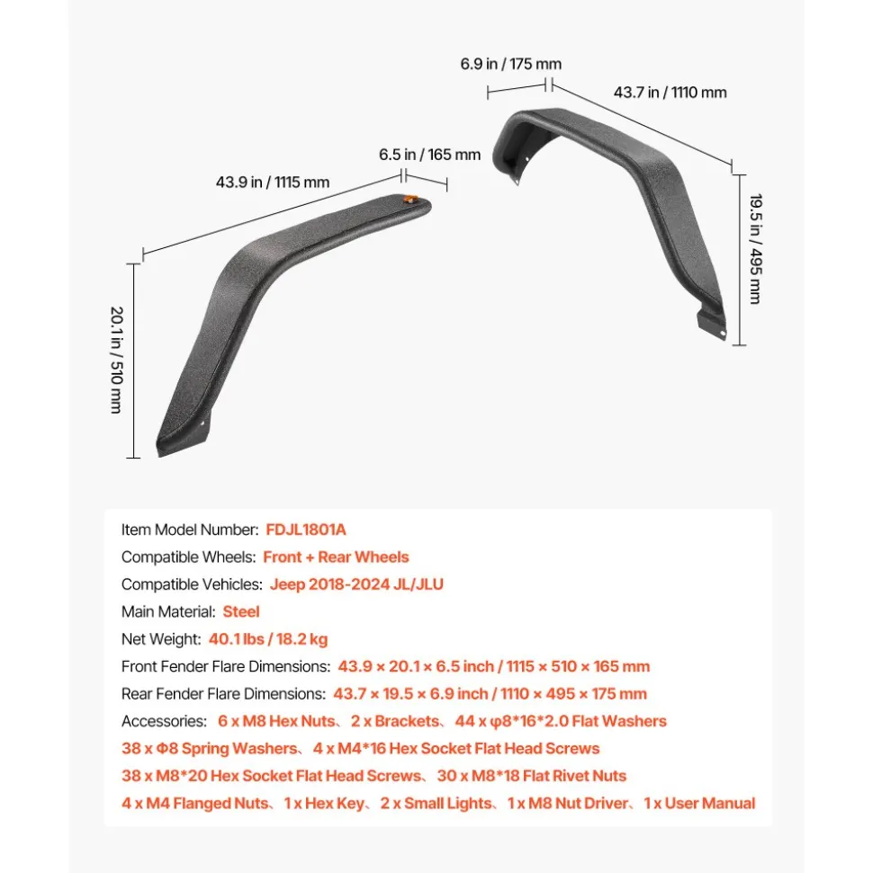 VEVOR Fender Flare, Front & Rear Jeep Fender Flares Compatible with 2018-2024 Jeeps JL/JLU 2/4 Doors, Off-Road Steel Liner Set with LED Lighting, Fine-Textured Black Paintable Fenders for Jeep JL