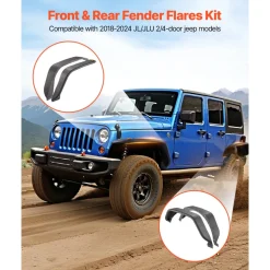 VEVOR Fender Flare, Front & Rear Jeep Fender Flares Compatible with 2018-2024 Jeeps JL/JLU 2/4 Doors, Off-Road Steel Liner Set with LED Lighting, Fine-Textured Black Paintable Fenders for Jeep JL