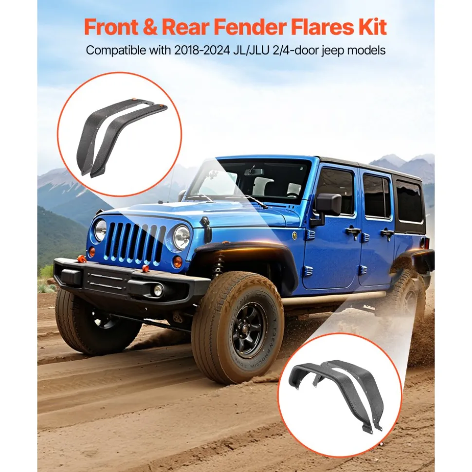 VEVOR Fender Flare, Front & Rear Jeep Fender Flares Compatible with 2018-2024 Jeeps JL/JLU 2/4 Doors, Off-Road Steel Liner Set with LED Lighting, Fine-Textured Black Paintable Fenders for Jeep JL