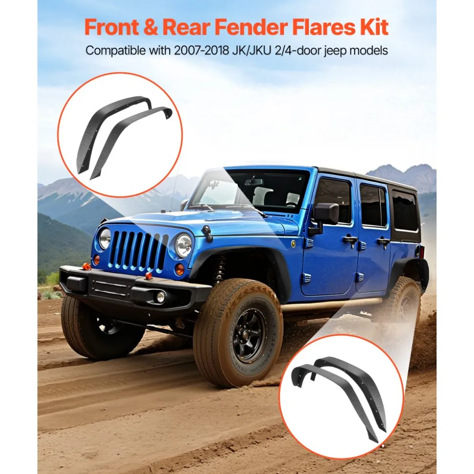 VEVOR Fender Flare, Front & Rear Fender Flares Compatible with 2007-2018 Jeeps JK/JKU 2/4 Doors, Fine-Textured Black Paintable Off-Road Steel Liner Set, Fenders for Jeep JK, Rust-Resistant Coating