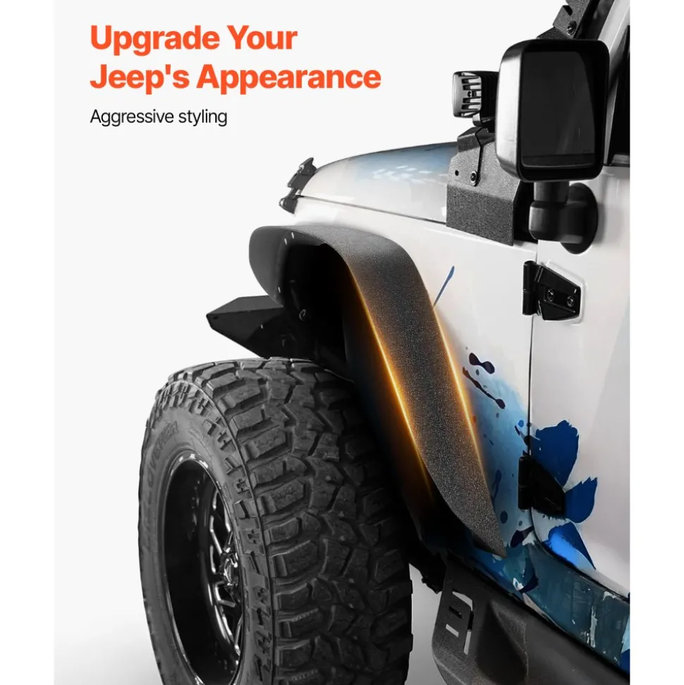 VEVOR Fender Flare, Front & Rear Fender Flares Compatible with 2007-2018 Jeeps JK/JKU 2/4 Doors, Fine-Textured Black Paintable Off-Road Steel Liner Set, Fenders for Jeep JK, Rust-Resistant Coating