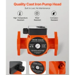 VEVOR F-15-58FC Cast Iron Circulator Pump, 17 GPM, AC 120V 20 ft Hot Water Recirculating Circulation Pump, 1-Inch Flange Connection, 3-Speed Adjustment, Quiet Operation, for Home Water Heating System