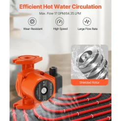 VEVOR F-15-58FC Cast Iron Circulator Pump, 17 GPM, AC 120V 20 ft Hot Water Recirculating Circulation Pump, 1-Inch Flange Connection, 3-Speed Adjustment, Quiet Operation, for Home Water Heating System