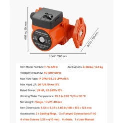 VEVOR F-15-58FC Cast Iron Circulator Pump, 17 GPM, AC 120V 20 ft Hot Water Recirculating Circulation Pump, 1-Inch Flange Connection, 3-Speed Adjustment, Quiet Operation, for Home Water Heating System