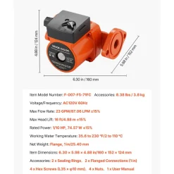 VEVOR F-007-F5-71FC Cast Iron Circulator Pump, 23 GPM, AC 120V 16 ft Hot Water Recirculating Circulation Pump, 1-Inch Flange Connection, 3-Speed Adjustment, Quiet Operation, for Home Heating System