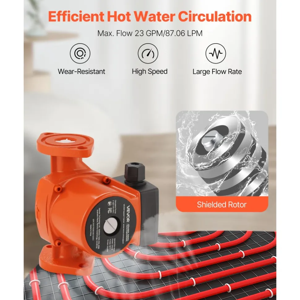 VEVOR F-007-F5-71FC Cast Iron Circulator Pump, 23 GPM, AC 120V 16 ft Hot Water Recirculating Circulation Pump, 1-Inch Flange Connection, 3-Speed Adjustment, Quiet Operation, for Home Heating System