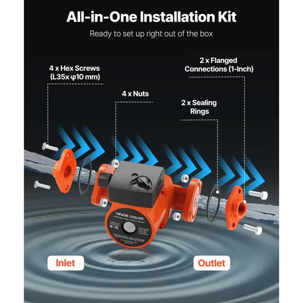 VEVOR F-007-F5-71FC Cast Iron Circulator Pump, 23 GPM, AC 120V 16 ft Hot Water Recirculating Circulation Pump, 1-Inch Flange Connection, 3-Speed Adjustment, Quiet Operation, for Home Heating System