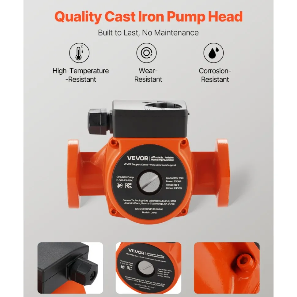 VEVOR F-007-F5-71FC Cast Iron Circulator Pump, 23 GPM, AC 120V 16 ft Hot Water Recirculating Circulation Pump, 1-Inch Flange Connection, 3-Speed Adjustment, Quiet Operation, for Home Heating System