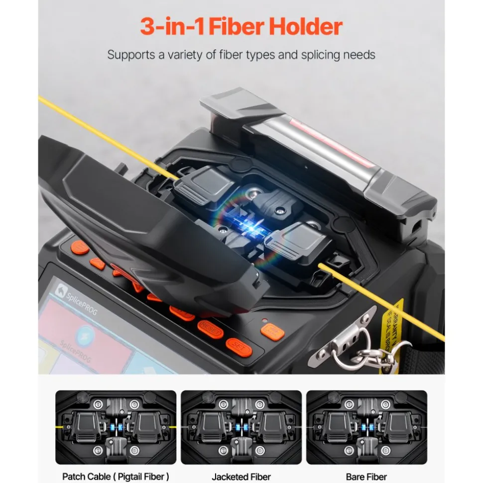 VEVOR Fiber Fusion Splicer 6 Motors, Core & Clad Alignment Fibers Optic Splicer with 6s Fast Splicing and 13s Heating, 5" LCD Screen, 3 in 1 Fiber Holder, 7800mAh Battery for SM MM DS NZDS Fibers