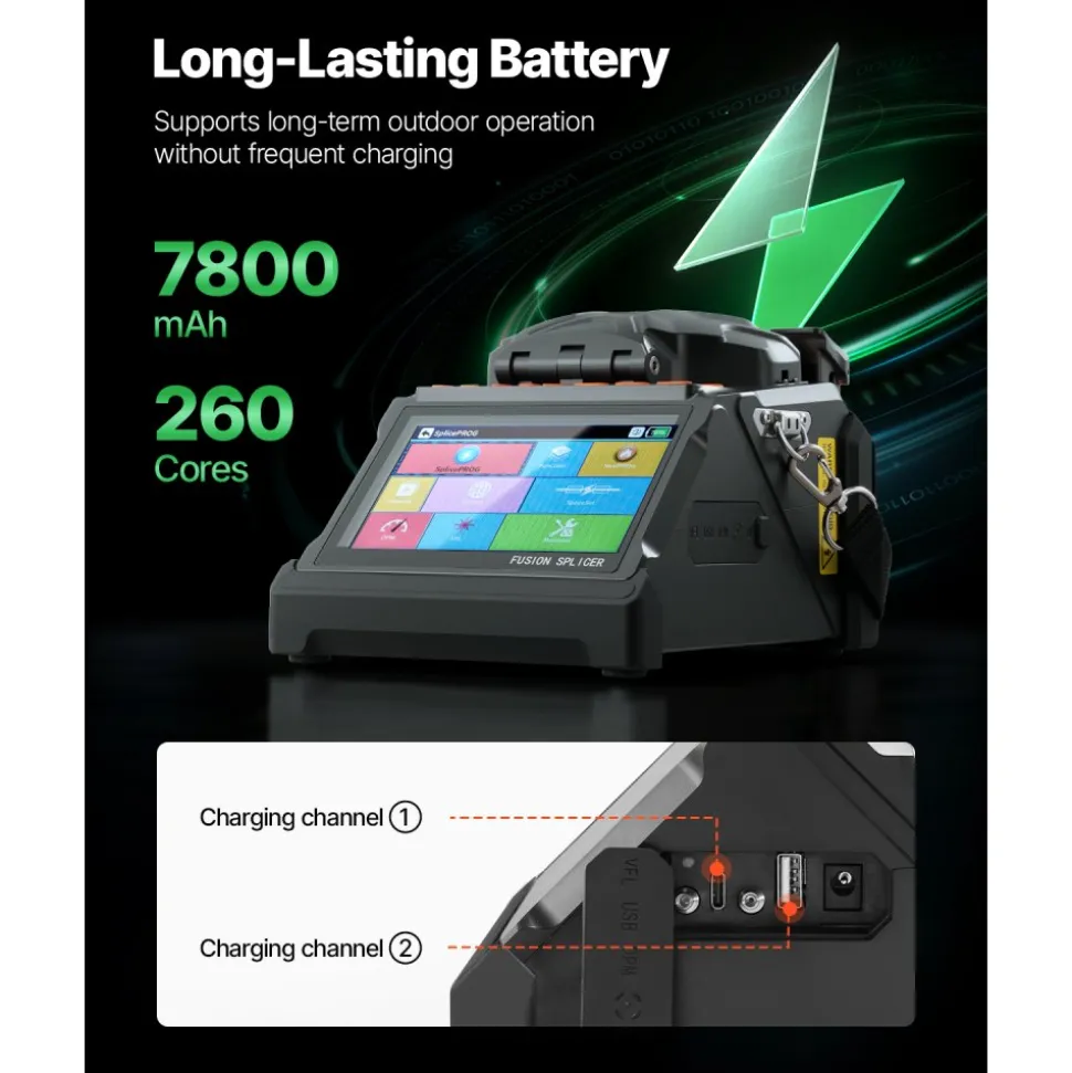 VEVOR Fiber Fusion Splicer 6 Motors, Core & Clad Alignment Fibers Optic Splicer with 6s Fast Splicing and 13s Heating, 5" LCD Screen, 3 in 1 Fiber Holder, 7800mAh Battery for SM MM DS NZDS Fibers