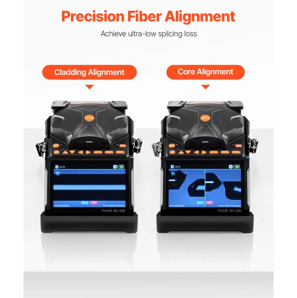 VEVOR Fiber Fusion Splicer 6 Motors, Core & Clad Alignment Fibers Optic Splicer with 6s Fast Splicing and 13s Heating, 5" LCD Screen, 3 in 1 Fiber Holder, 7800mAh Battery for SM MM DS NZDS Fibers