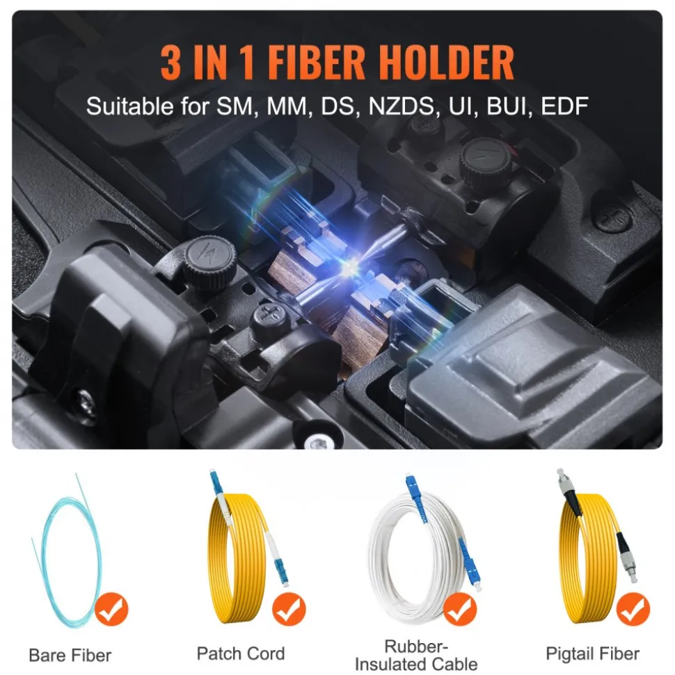 VEVOR Fiber Fusion Splicer 4 Motors, Clad Alignment Fiber Optic Splicer 6s Splicing & 13s Heating, Fiber Splicer Machine with 5" Touch Screen, 3 in 1 Fiber Holder, 7800mAh Battery for SM MM DS NZDS
