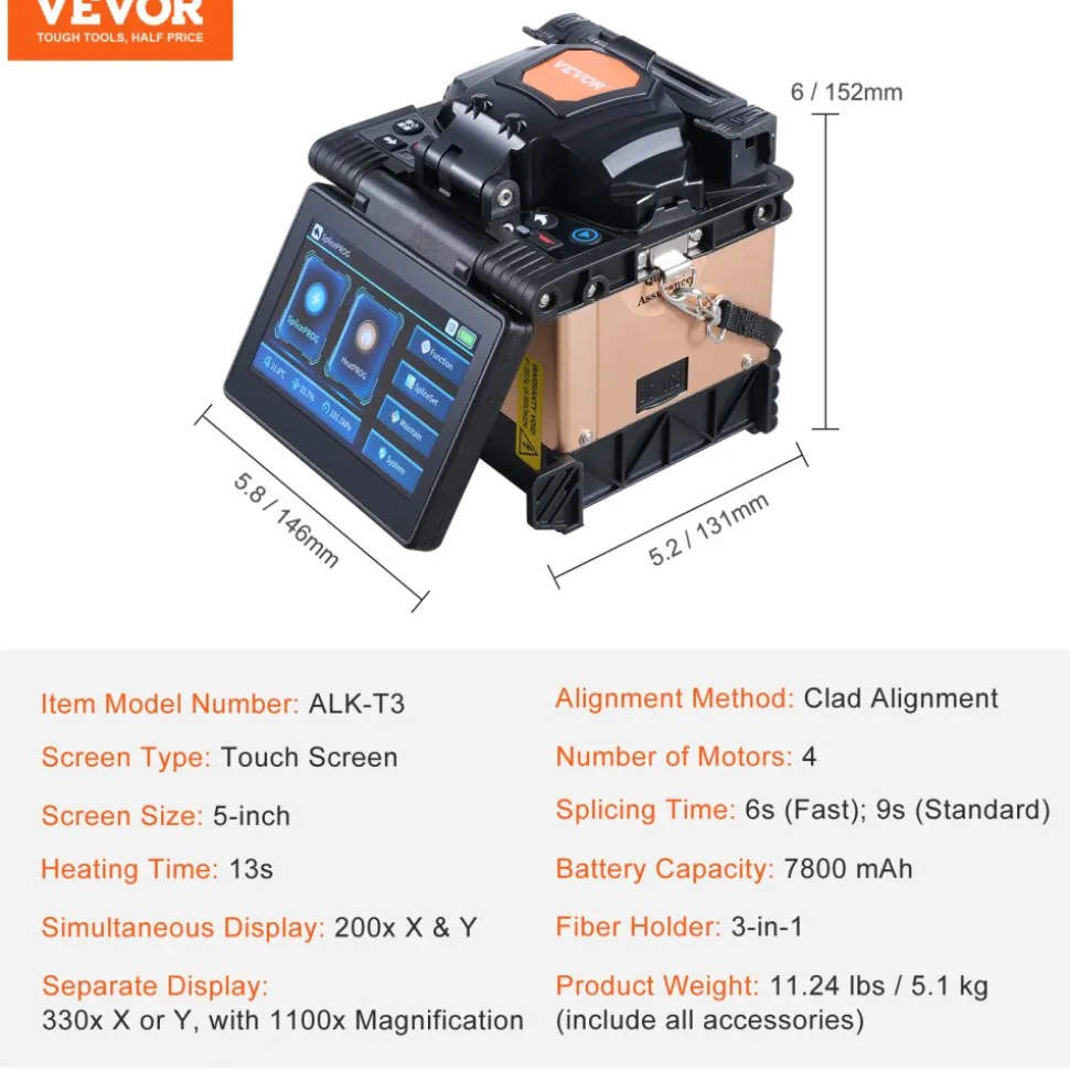 VEVOR Fiber Fusion Splicer 4 Motors, Clad Alignment Fiber Optic Splicer 6s Splicing & 13s Heating, Fiber Splicer Machine with 5" Touch Screen, 3 in 1 Fiber Holder, 7800mAh Battery for SM MM DS NZDS