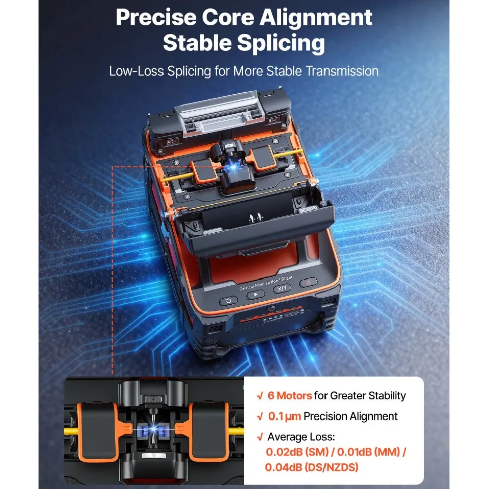 VEVOR Fiber Fusion Splicer 6 Motors, Core Alignment Fiber Optic Splicer 6s Splicing & 13s Heating, Fiber Splicer Machine with 5" Touch Screen, 3 in 1 Fiber Holder, 7800mAh Battery for SM MM DS NZDS
