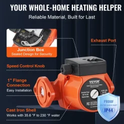 VEVOR 007-F5-7IFC Hot Water Recirculating Pump, 110V, 70W 23 GPM Hot Water Circulation Pump, 1" NPT Flange 3-Speed Circulator Pump, Quiet Operation Circulator Pump for Home Water Heater System