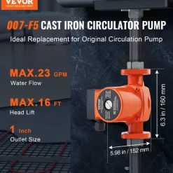 VEVOR 007-F5-7IFC Hot Water Recirculating Pump, 110V, 70W 23 GPM Hot Water Circulation Pump, 1