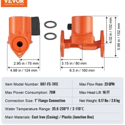 VEVOR 007-F5-7IFC Hot Water Recirculating Pump, 110V, 70W 23 GPM Hot Water Circulation Pump, 1