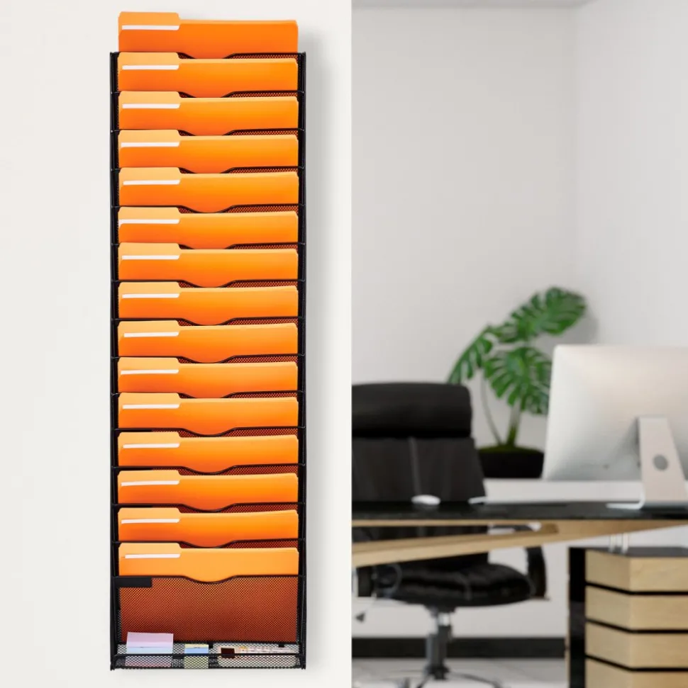 VEVOR File Wall Rack, One-Piece 16 Pockets Mesh Wall File Holder, Wall Mounted Magazine Mail Paper & Document Storage Folder, Metal Wall File Organizer with Nametag Label, for Office Home & School
