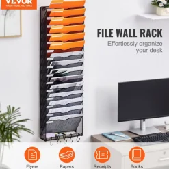 VEVOR File Wall Rack, One-Piece 16 Pockets Mesh Wall File Holder, Wall Mounted Magazine Mail Paper & Document Storage Folder, Metal Wall File Organizer with Nametag Label, for Office Home & School