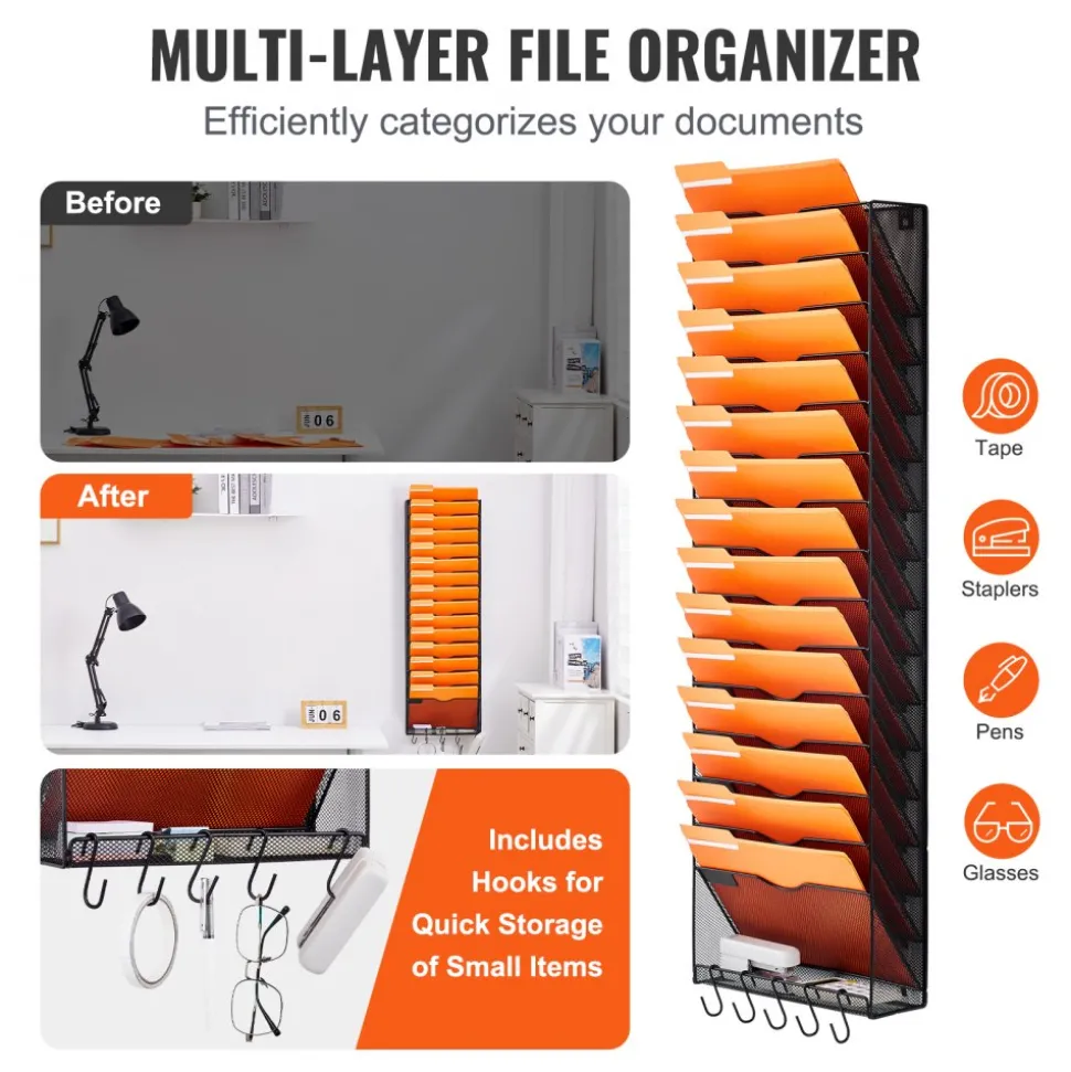 VEVOR File Wall Rack, One-Piece 16 Pockets Mesh Wall File Holder, Wall Mounted Magazine Mail Paper & Document Storage Folder, Metal Wall File Organizer with Nametag Label, for Office Home & School