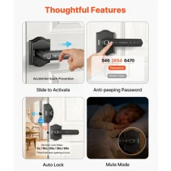 VEVOR Fingerprint Door Lock Set, Electronic Biometric Knob Keyless Entry Door Lock with Handle, Auto Locking, One-Time Code, Anti-Peeking Password, Easy Installation, for Home, Apartment, Matte Black