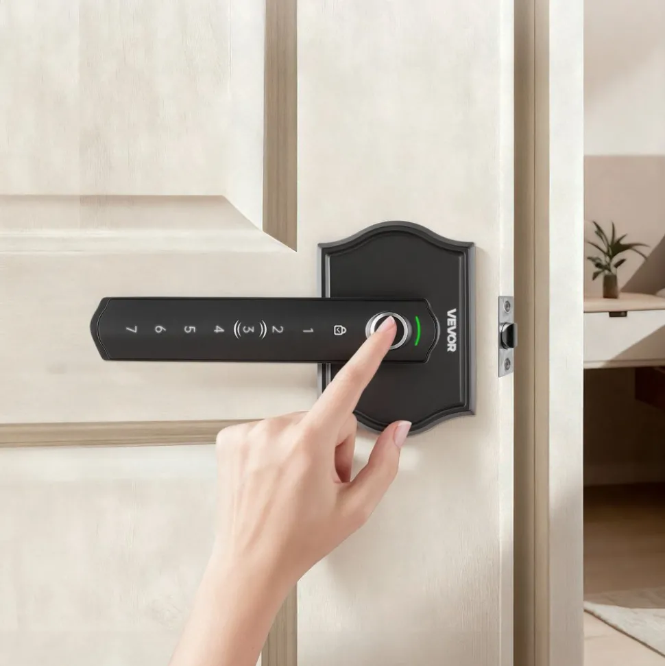 VEVOR Fingerprint Door Lock Set, Electronic Biometric Knob Keyless Entry Door Lock with Handle, Auto Locking, One-Time Code, Anti-Peeking Password, Easy Installation, for Home, Apartment, Matte Black