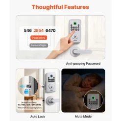 VEVOR Fingerprint Door Lock Set, Electronic Biometric Deadbolt Keyless Entry Door Lock with Handle, Pioneering Easy-Grip Design, Auto Locking, One-Time Code, Anti-Peeking Password, for Home, Silver