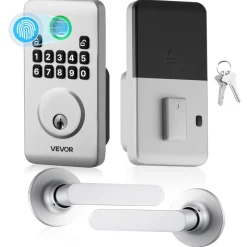 VEVOR Fingerprint Door Lock Set, Electronic Biometric Deadbolt Keyless Entry Door Lock with Handle, Pioneering Easy-Grip Design, Auto Locking, One-Time Code, Anti-Peeking Password, for Home, Silver