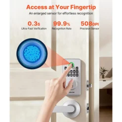 VEVOR Fingerprint Door Lock Set, Electronic Biometric Deadbolt Keyless Entry Door Lock with Handle, Pioneering Easy-Grip Design, Auto Locking, One-Time Code, Anti-Peeking Password, for Home, Silver