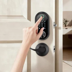 VEVOR Fingerprint Door Lock Set, Electronic Biometric Deadbolt Keyless Entry Door Lock with Handle, Pioneering Easy-Grip Design, Auto Locking, One-Time Code, Anti-Peeking Password, Matte Black