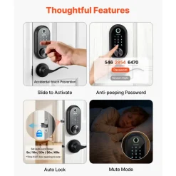 VEVOR Fingerprint Door Lock Set, Electronic Biometric Deadbolt Keyless Entry Door Lock with Handle, Pioneering Easy-Grip Design, Auto Locking, One-Time Code, Anti-Peeking Password, Matte Black