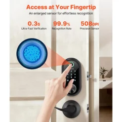 VEVOR Fingerprint Door Lock Set, Electronic Biometric Deadbolt Keyless Entry Door Lock with Handle, Pioneering Easy-Grip Design, Auto Locking, One-Time Code, Anti-Peeking Password, Matte Black
