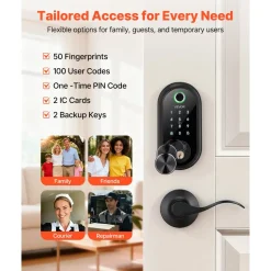 VEVOR Fingerprint Door Lock Set, Electronic Biometric Deadbolt Keyless Entry Door Lock with Handle, Pioneering Easy-Grip Design, Auto Locking, One-Time Code, Anti-Peeking Password, Matte Black
