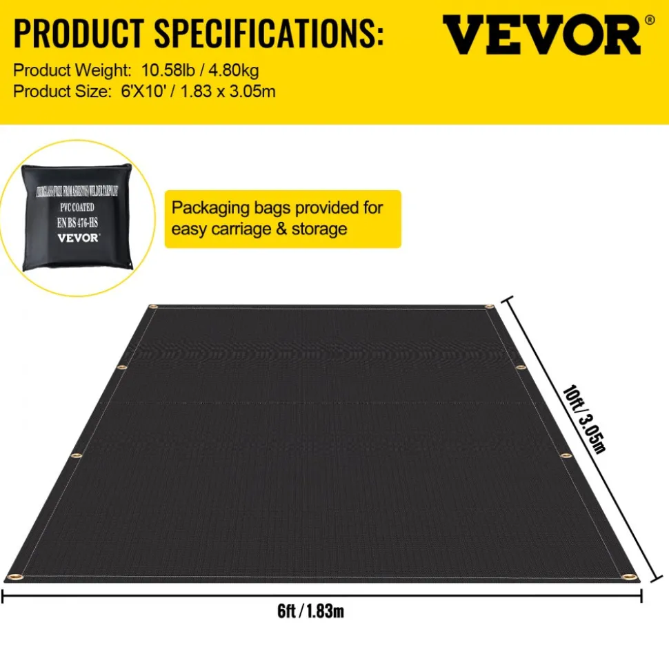 VEVOR Fire Blankets, 2 Pack Welding Blankets, 6' x 10' Fire Suppression Blanket, 1022 °F Flame Retardant Blanket, Black Fire Emergency Blankets, Fiberglass Fire Retardant Blanket with 8 Brass Gromme
