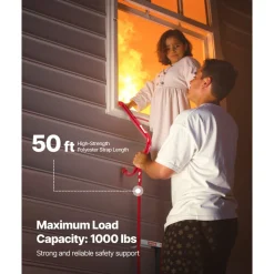 VEVOR Fire Escape Ladder, 5-6 Story 50FT Retractable Emergency Fire Ladder, Lightweight Aluminum Alloy Safety Escape Ladders with Sturdy Polyester Strap, Anti-Slip & Wide Rungs, 1000LBS Max Loading