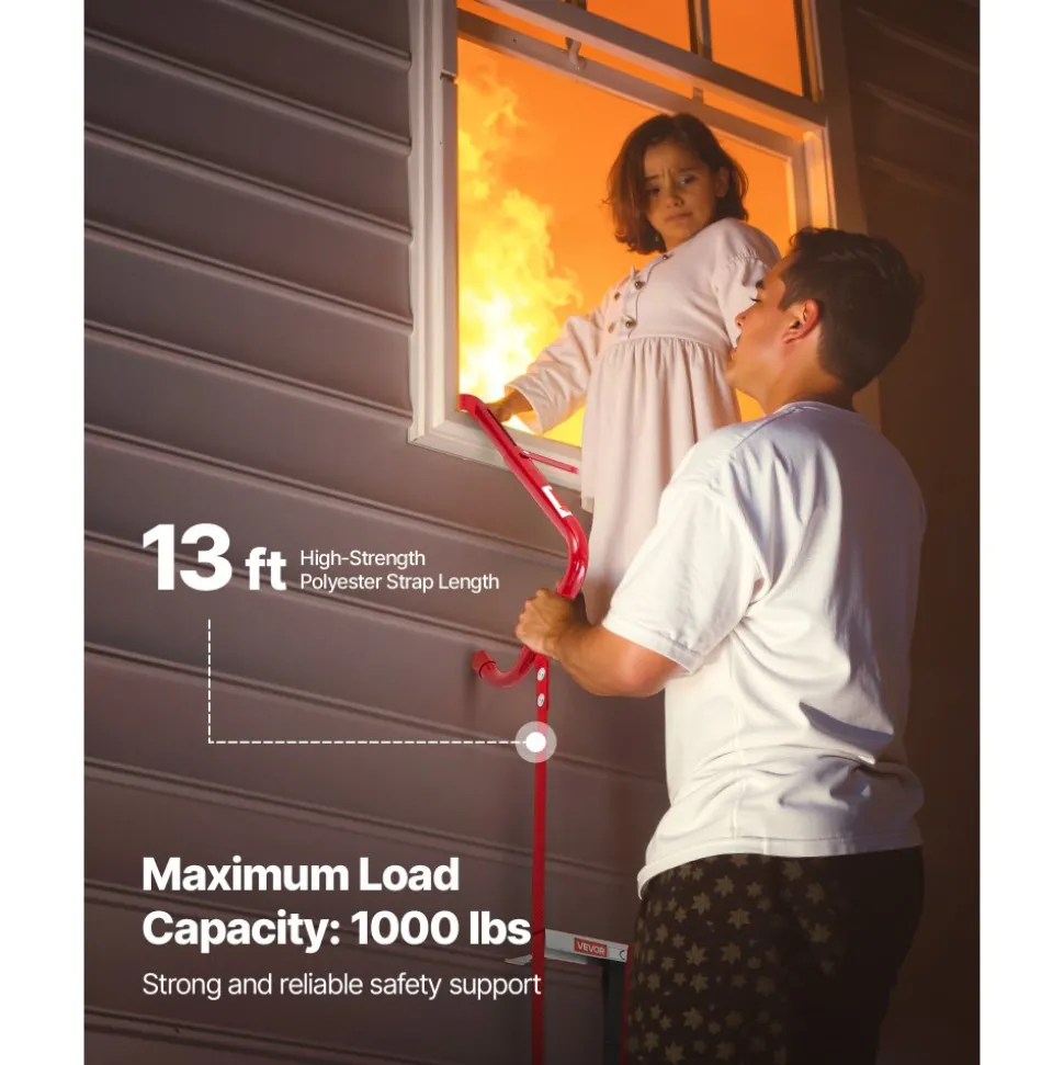 VEVOR Fire Escape Ladder, 2-Story 13FT Retractable Emergency Fire Ladder, Lightweight Aluminum Alloy Safety Escape Ladders with Sturdy Polyester Strap, Anti-Slip Rung & Wide Steps, 1000LBS Max Loading