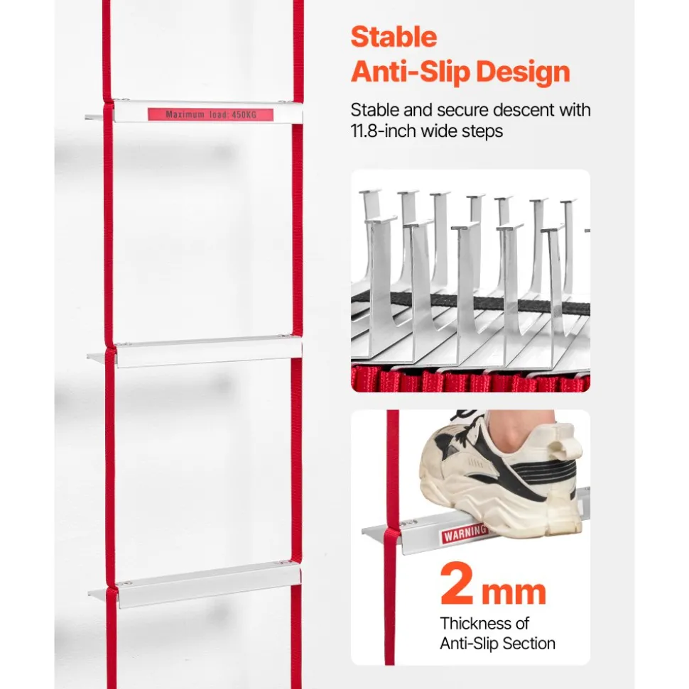VEVOR Fire Escape Ladder, 2-Story 13FT Retractable Emergency Fire Ladder, Lightweight Aluminum Alloy Safety Escape Ladders with Sturdy Polyester Strap, Anti-Slip Rung & Wide Steps, 1000LBS Max Loading