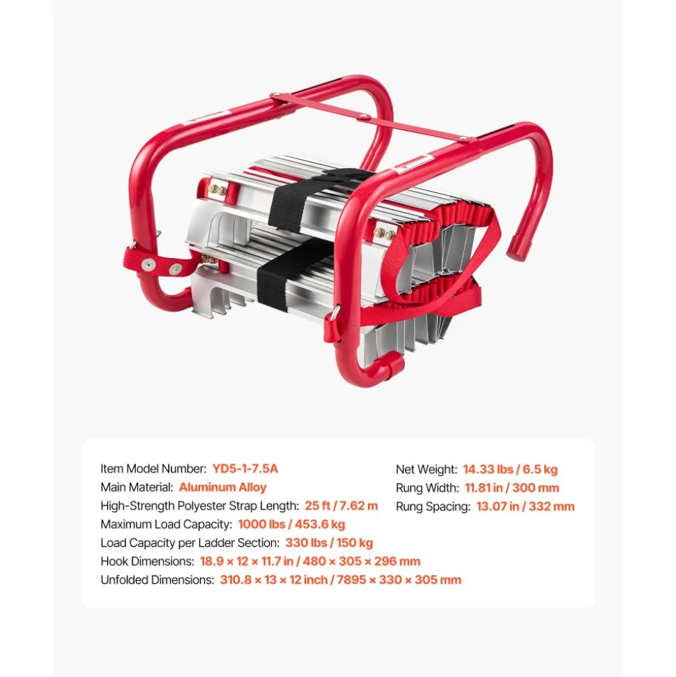 VEVOR Fire Escape Ladder, 3-Story 25FT Retractable Emergency Fire Ladder, Lightweight Aluminum Alloy Safety Escape Ladders with Sturdy Polyester Strap, Anti-Slip Rung & Wide Steps, 1000LBS Max Loading