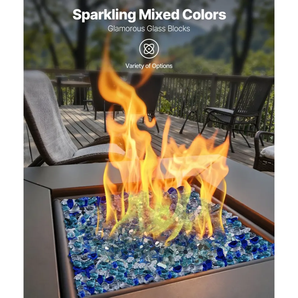 VEVOR Fire Glass, 10 LBS / 4.5 KG Fireplace Rocks, 1/2-Inch / 12.7 mm Reflective Firepit Glass Rock, High Luster & Smokeless Stone Landscaping for Fire Pit Table, Cobalt Blue + Aqua Blue + Clear