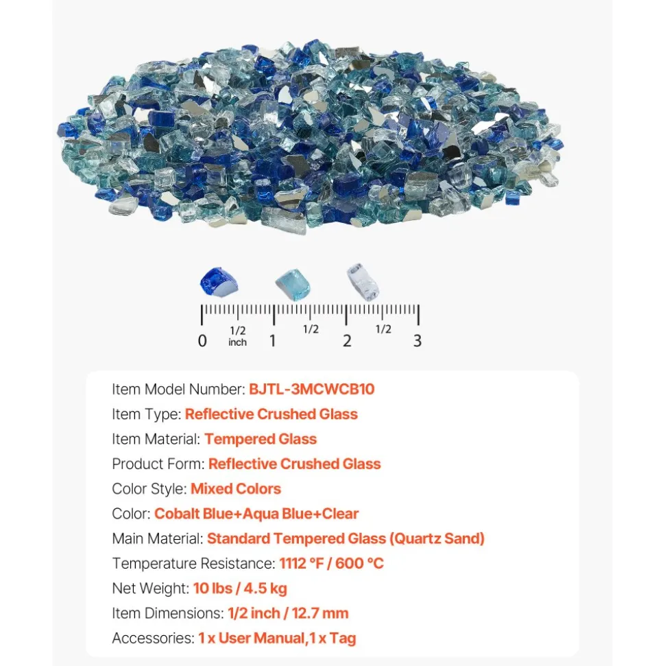 VEVOR Fire Glass, 10 LBS / 4.5 KG Fireplace Rocks, 1/2-Inch / 12.7 mm Reflective Firepit Glass Rock, High Luster & Smokeless Stone Landscaping for Fire Pit Table, Cobalt Blue + Aqua Blue + Clear