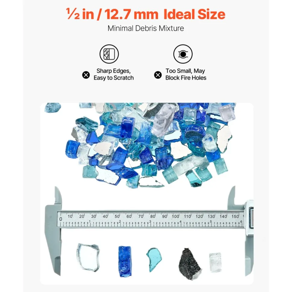 VEVOR Fire Glass, 10 LBS / 4.5 KG Fireplace Rocks, 1/2-Inch / 12.7 mm Reflective Firepit Glass Rock, High Luster & Smokeless Stone Landscaping for Fire Pit Table, Cobalt Blue + Aqua Blue + Clear